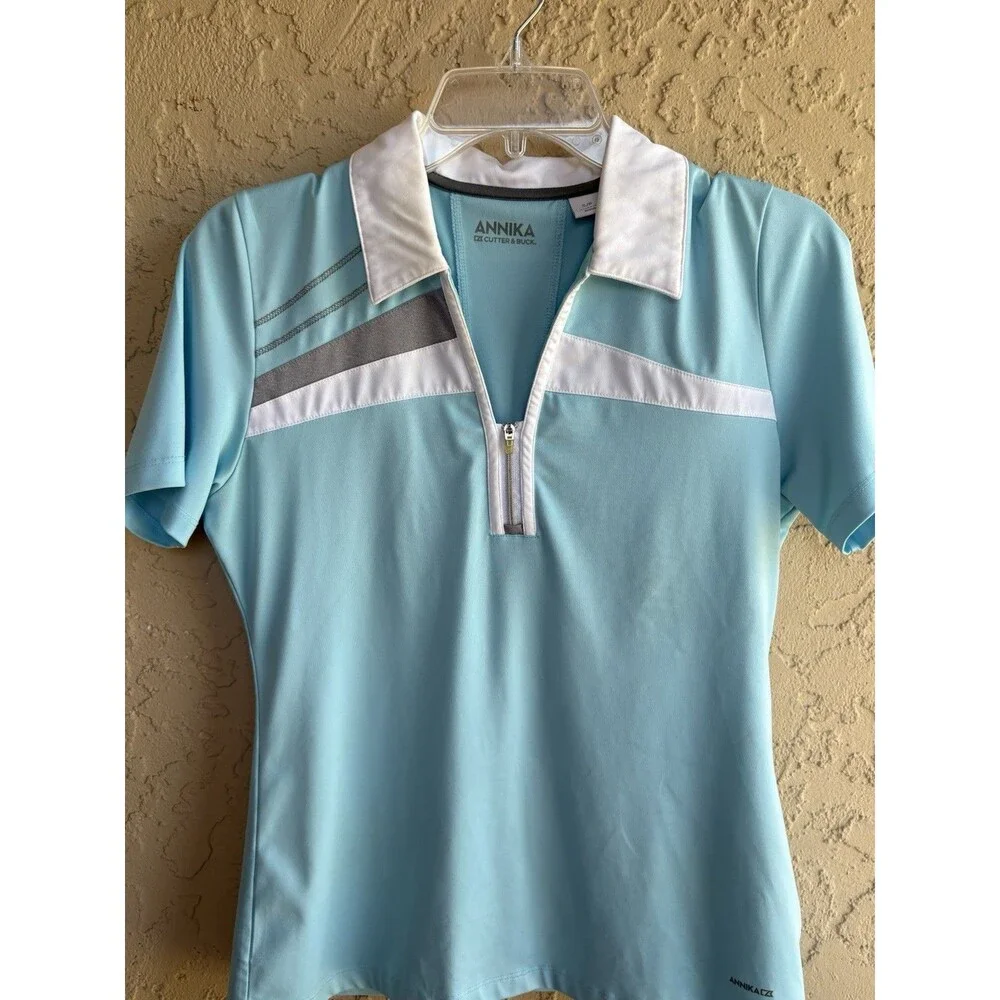Annika Cutter & Buck Blue White Performance Golf Women’s Small Golf Polo Shirt - Picture 7 of 12